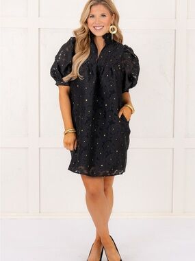 Jade Melody by Tam Black Eyelet Puff-Sleeve Mini Dress with Gold Accents